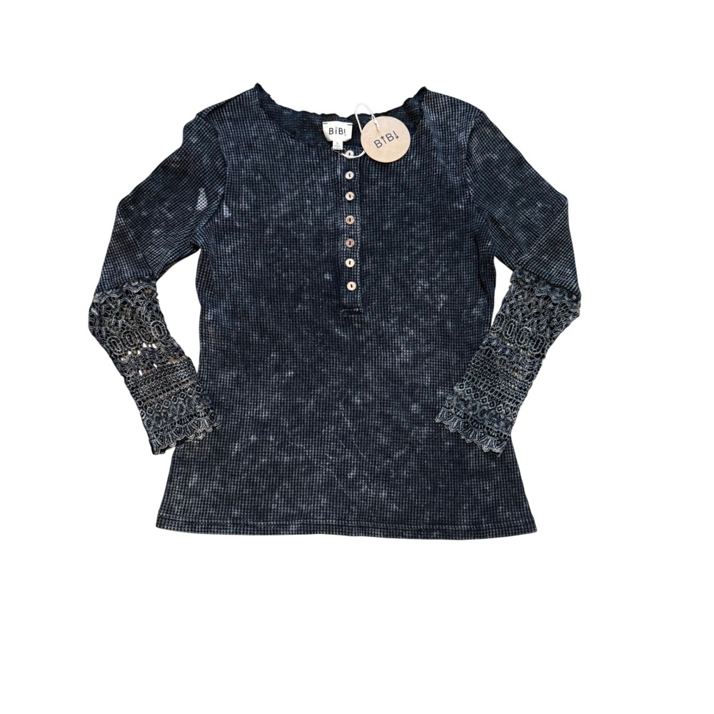 BiBi Distressed‎ Waffle Knit Lace Cuff Henley Shirt Top Womens Small